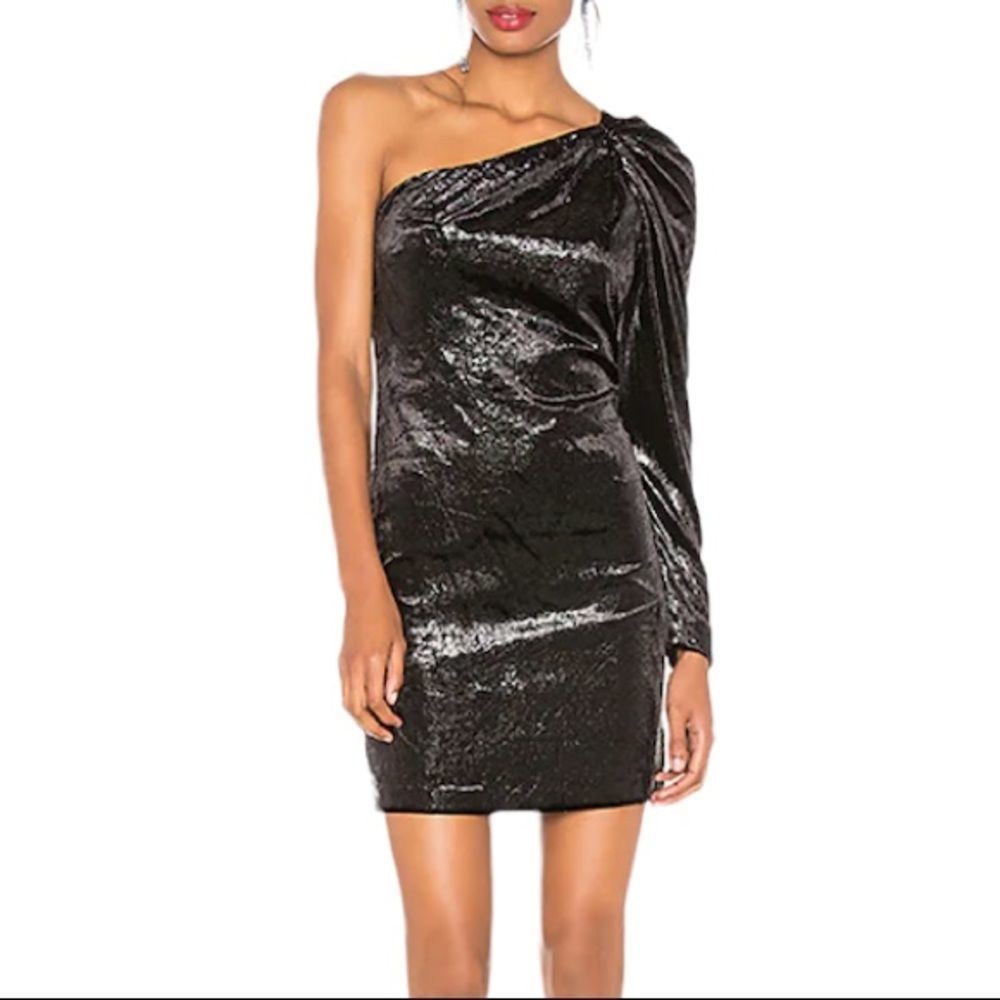 BCBGMAXAZRIA One Shoulder Long Sleeve Shimmer Velvet Mini Dress Black 4